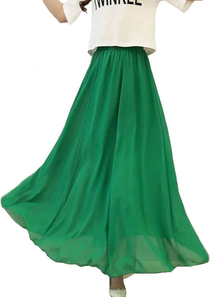 Women's Bohemian Elastic Waist Band Pleated Retro Maxi Long Skirt Dress