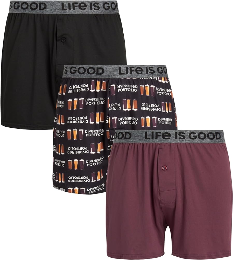Life is Good Men’s Boxer Briefs - 3 Pack Super Soft Knit Boxers with Button Fly - Breathable Underwear Boxers for Men (S-XL)