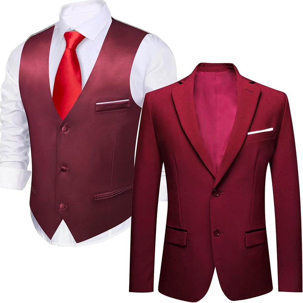 Barry.Wang Burgundy Suit Vest Formal Dress Waistcoat,Blazer for Men Casual Sport Coats with Bowtie Lightweight Regular Fit Suit Jacket Daily Business XL