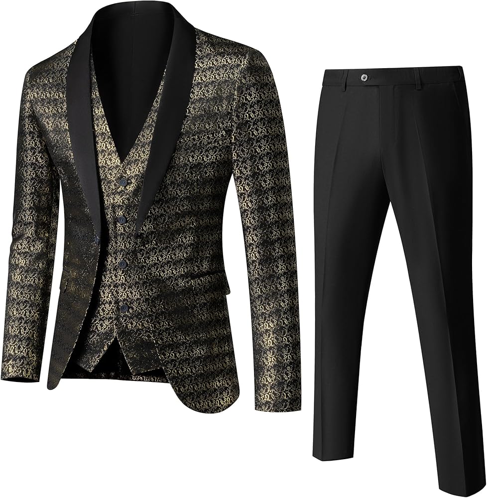 YND Men's 3 Piece Slim Fit Tuxedo Set, One Button Shawl Collar Floral Jacket Vest Pants with Bow Tie