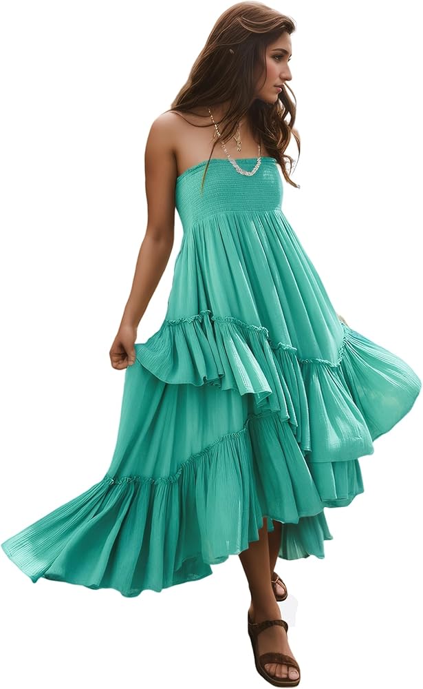 R.Vivimos Long Skirts for Women Summer Boho Smocked Strapless Dress Elastic High Waisted Layered Ruffle Hem Beach Midi Skirt