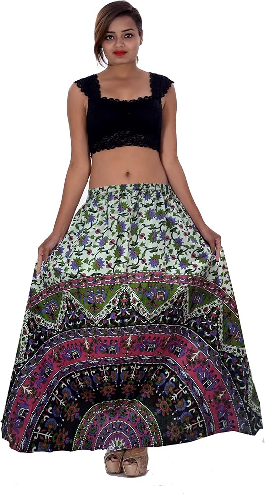 Lakkar Haveli 100% Cotton Indian Long Skirt Hippie Women Plus Size Teal Color Elephant Print
