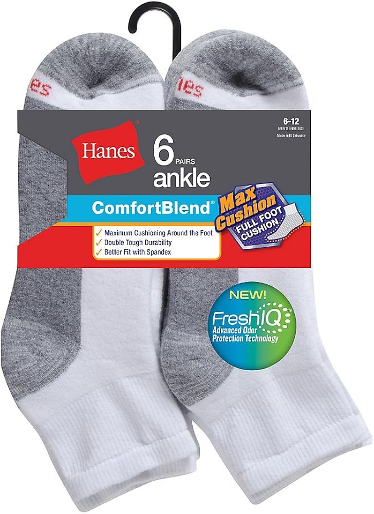 Hanes Men's ComfortBlend Max Cushion Ankle Sock 6-Pack_White_6-12