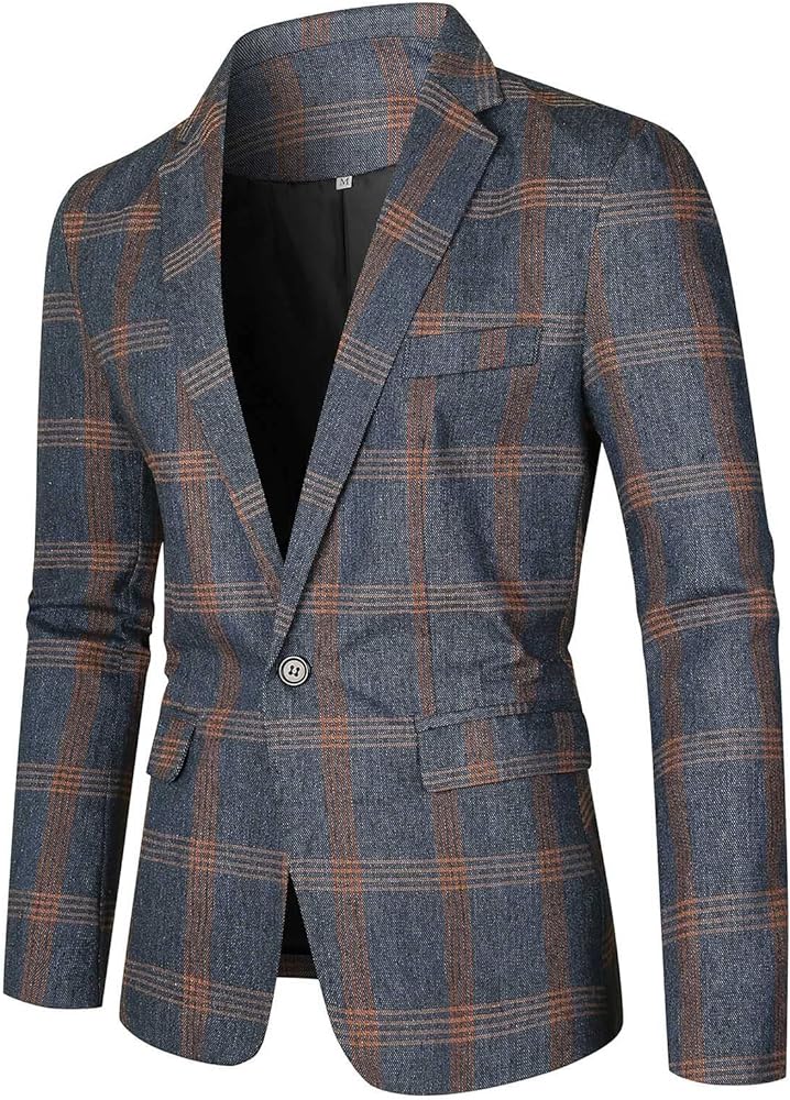 Mens Casual Sport Slim Fit One Button Check Print Blazer Lightweight Jacket Mens Janitor Suit