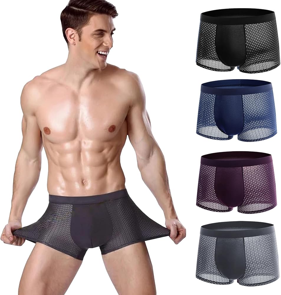 Boxhero Bamboo Fiber Boxer Briefs Shorts Comfort Soft Breathable Cool Ice Silk Underwear for Men Set of 4