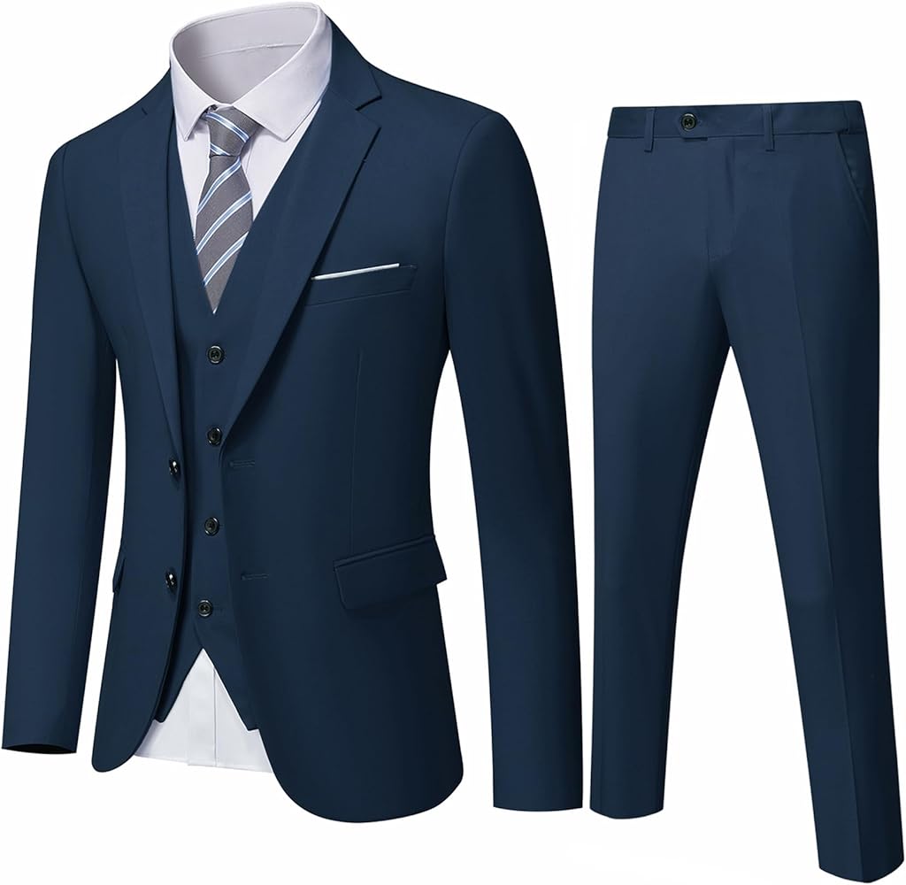 YND Men's Slim Fit 2 Button 3 Piece Suit Set, Solid Blazer Jacket Vest Pants & Tie