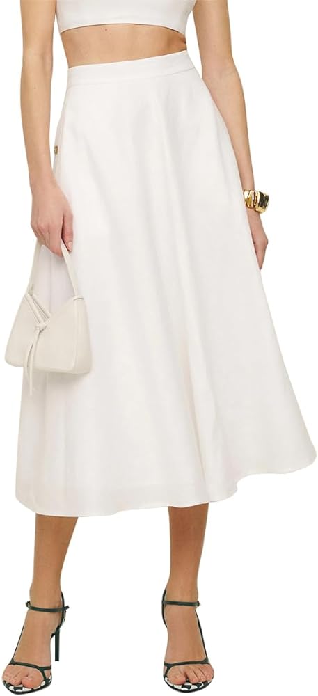 IDEALSANXUN Womens Cotton Linen Skirts Spring Summer A Line Pleated Maxi Midi Skirt with Pockets
