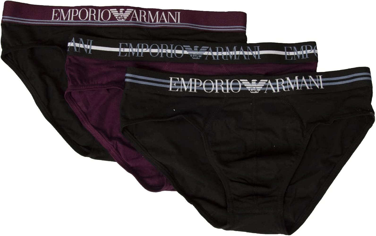 EMPORIO ARMANI men's briefs 3-piece pack elastic underpants stretch cotton underwear article 111734 2F723 BRIEF, 18921 Nero/Prugna/Nero, Small