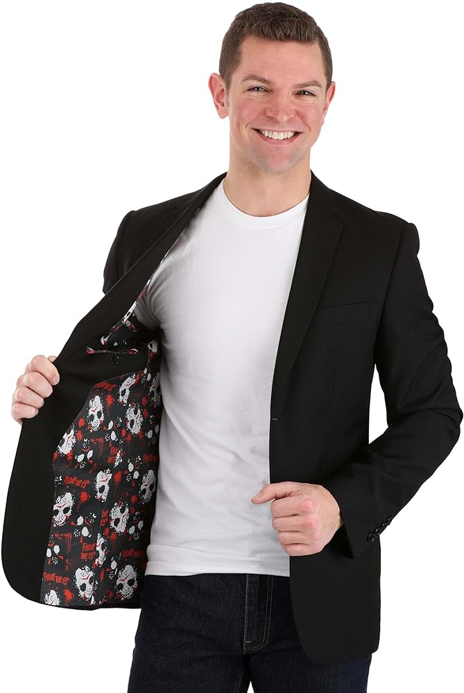 Officially Licensed Friday The 13th Men's Blazer, Jason Voorhees Pattern Open Front Casual Work Business Jacket
