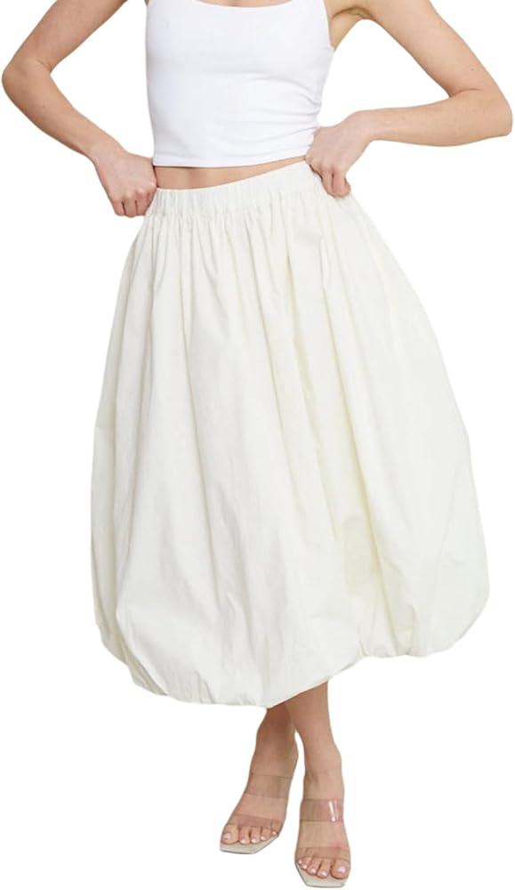 SOLILOQUY Women Bubble Midi Skirt Y2K Elastic Waist Pleated A-Line Solid Puff Long Skirt with Pockets Elegant Balloon Skirt