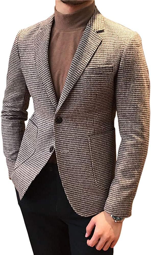 Mens Suits Houndstooth Grid Plaid Check Tuxedo Business Dress Slim Fit Blazers Jacket Coat