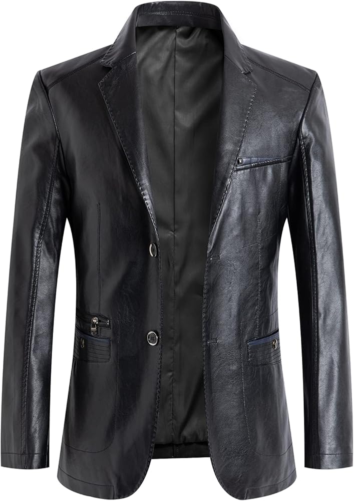 chouyatou Men's Casual Notched Collar 2 Button Slim Moto Faux Leather Blazer Suit Jacket