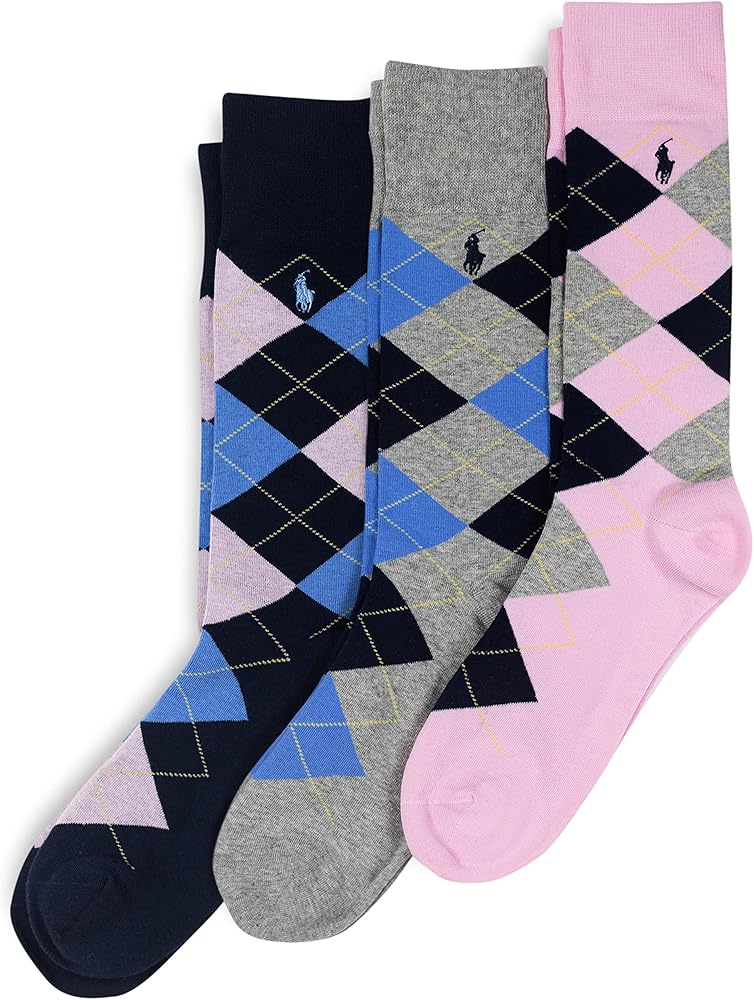 POLO RALPH LAUREN Men's Argyle Pattern Dress Crew Socks-3 Pair Pack-Soft Lightweight Cotton Comfort