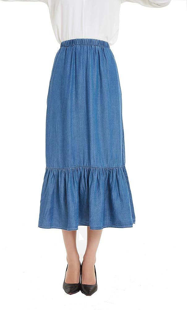 Tronjori Womens Tencel Denim Long Midi Skirt Pleated Hem