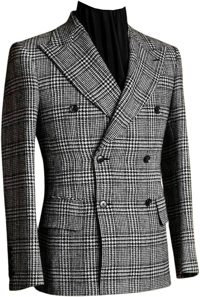 Men's Blazer Houndstooth Suit Jacket Double Breasted Buttons Peak Lapel Groom Prom