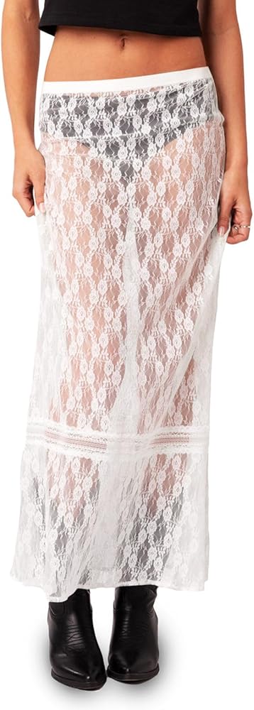 Cicy Bell Womens Sheer Lace Maxi Skirt Summer Beach Cover-ups Casual Streetwear Long Y2K Skirts