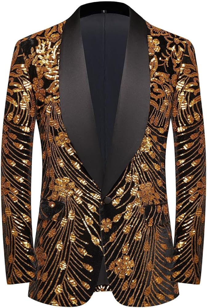 Men's Shiny Sequins Velvet Flower Blazer Jacket Shawl Lapels Slim Fit Tuxedos for Dinner,Prom,Disco,Wedding