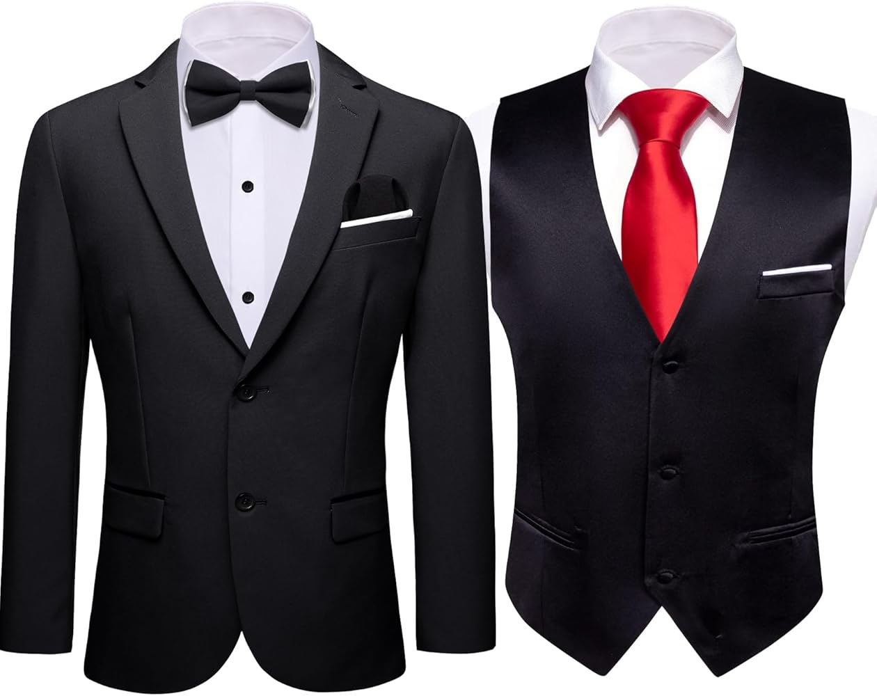 Barry.Wang Black Suit Vest Formal Dress Waistcoat,Blazer for Men Casual Sport Coats with Bowtie Lightweight Regular Fit Suit Jacket Daily Business XXXL