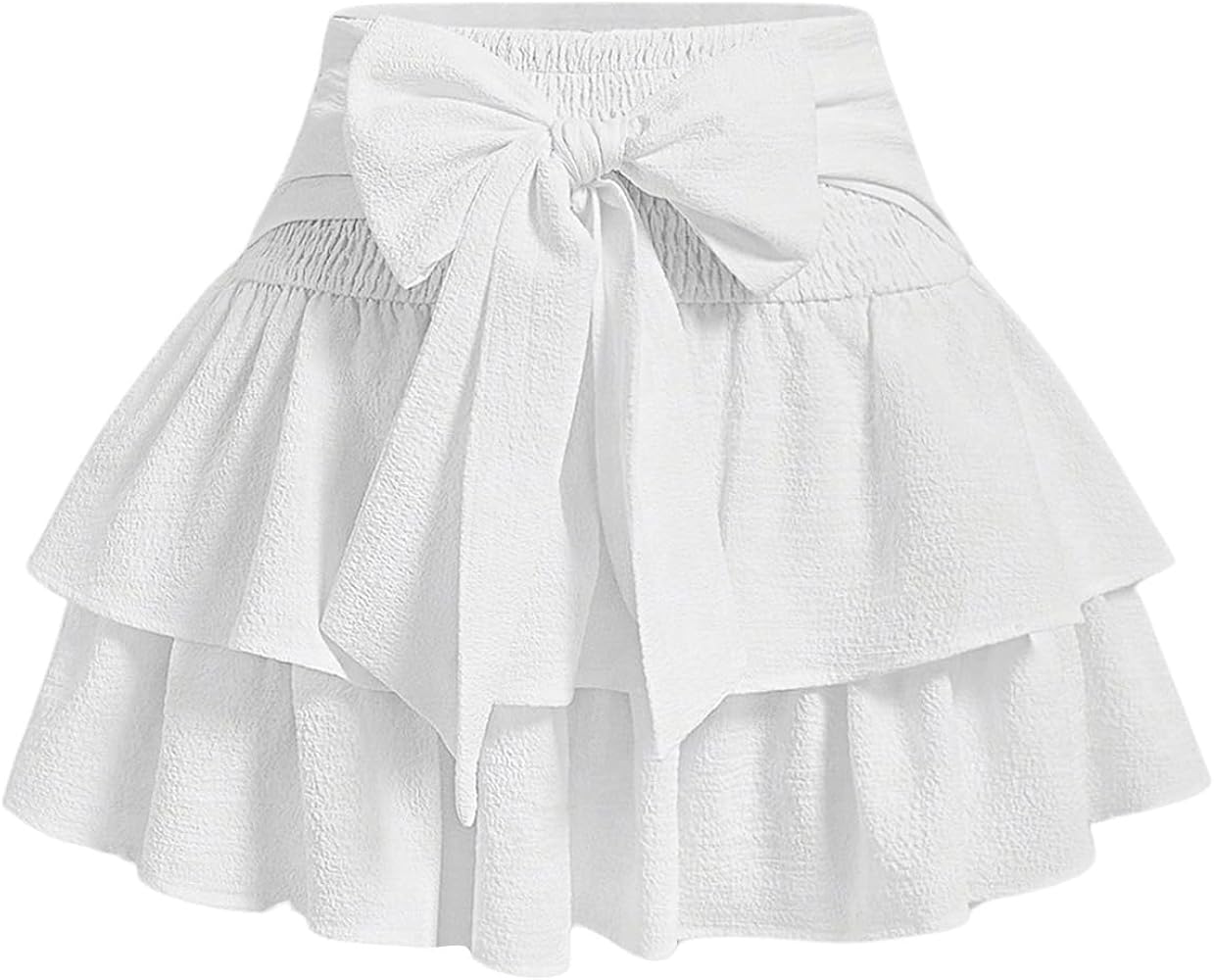 Women's Bow Front Mini Skirt High Shirred Waist Layered Ruffle Hem Short Cake Skirts
