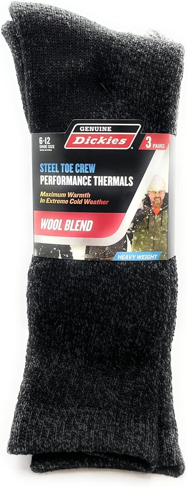 Dickies Genuine Men’s 3-Pairs Steel Toe Crew Performance Thermals Socks, Wool Blend , Multicolor (Black & Dark Gray) Pack of 1