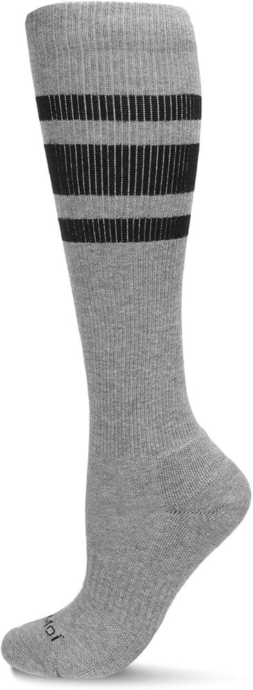 MeMoi Unisex Striped Athletic Cushion Sole Knee High Cotton Blend 15-20mmHg Graduated Compression Socks Medium Gray Heather 9-11
