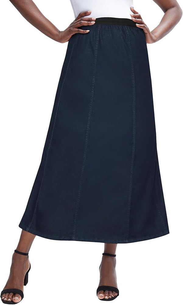 Jessica London Women's Plus Size Stretch Denim Skirt Elastic Waist Long Jean Maxi Skirt