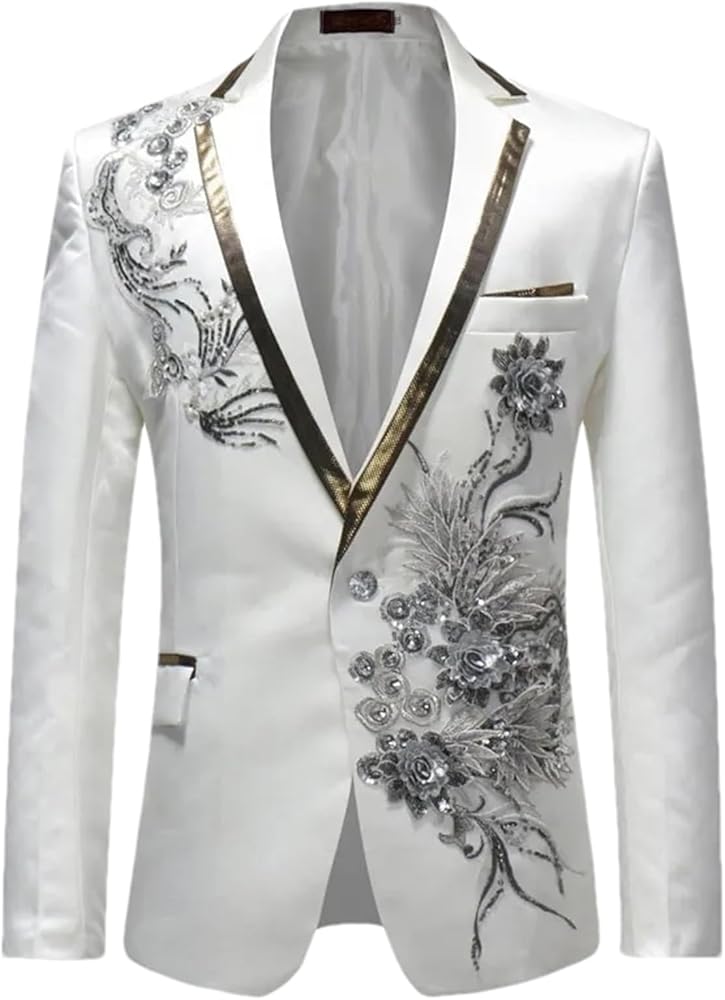 White Floral Sequin Embroidery Suit Jacket Men Wedding Groom Tuxedo Suit Blazers Mens One Button Lapel Stage