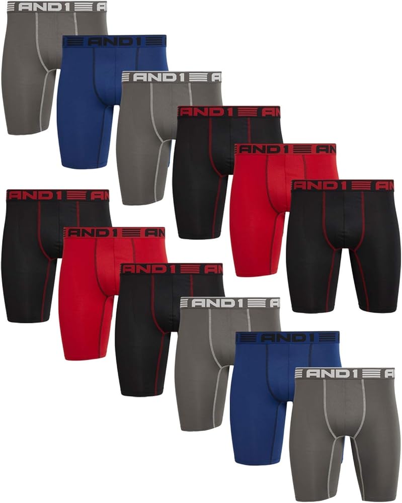 AND1 Men's Underwear Boxer Briefs - 12 Pack Performance Long Leg Compression Boxers for Men with Contour Pouch (S-3XL)