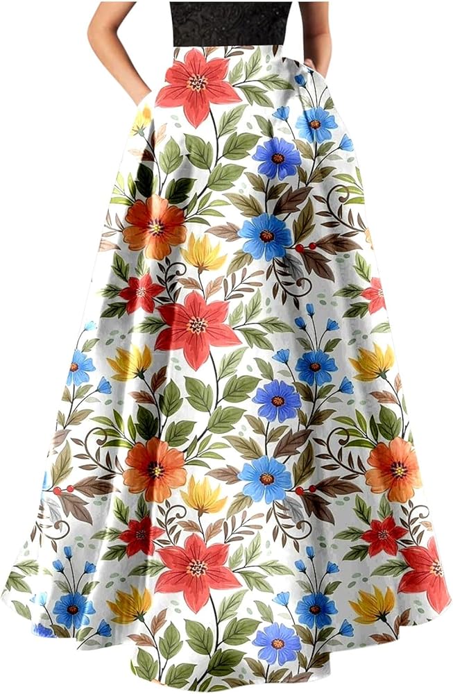 Skirts for Women Floral Print High Waist Maxi Skirt Casual Loose Flowy Boho Party Long Women's Skirts with Pocket