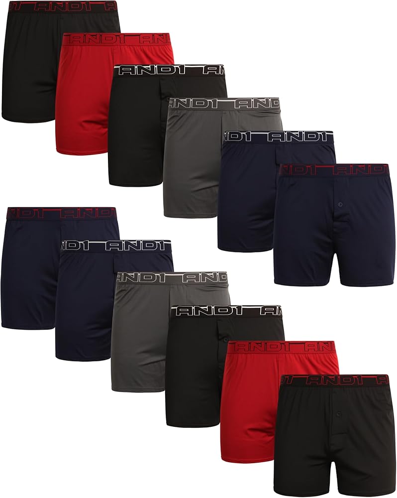 AND1 Men's Underwear Boxer Briefs - 12 Pack Lightweight Classic Knit Performance Boxers for Men with Button Fly Pouch (S-3XL)