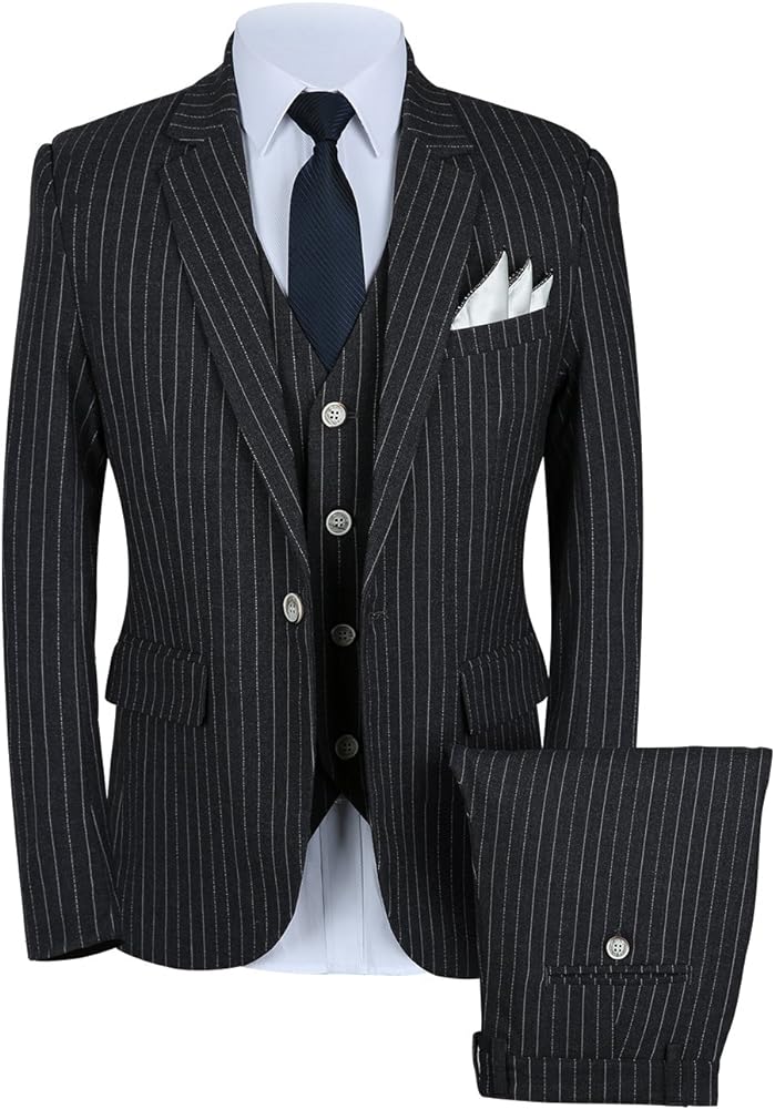 Mens Pinstripe Suit 3 Piece Slim Fit Casual Dress Suits Blazer+Vest+Pants