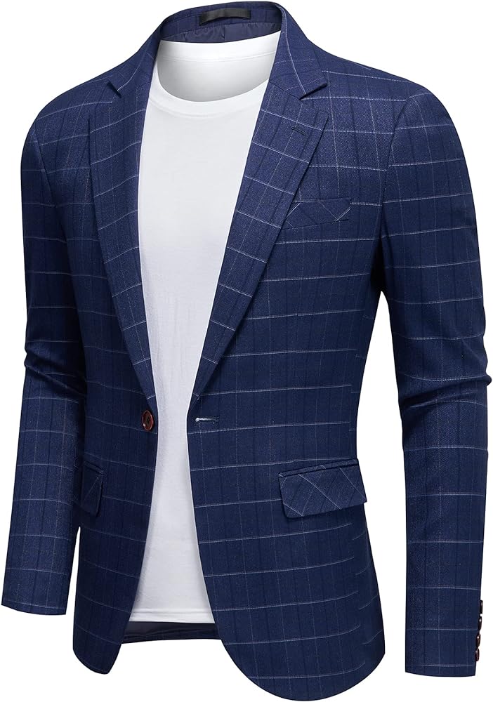 Mens Blazer Plaid Sport Coats One Button Casual Slim Fit Checked Jacket