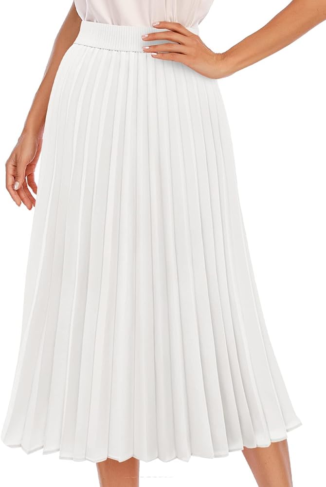 DRESSTELLS Pleated Midi Skirts for Women, Long High Waisted Chiffon Flare Casual Skirt 2024