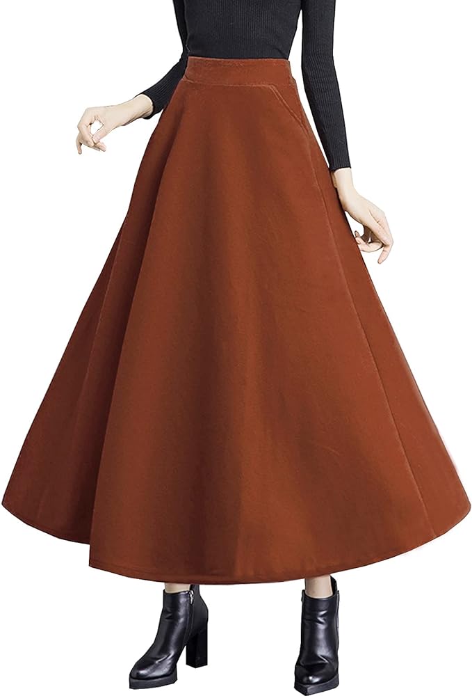 Women's High Elastic Waist Maxi Wool Skirt A-line Plaid Winter Warm Flare Long Skirt