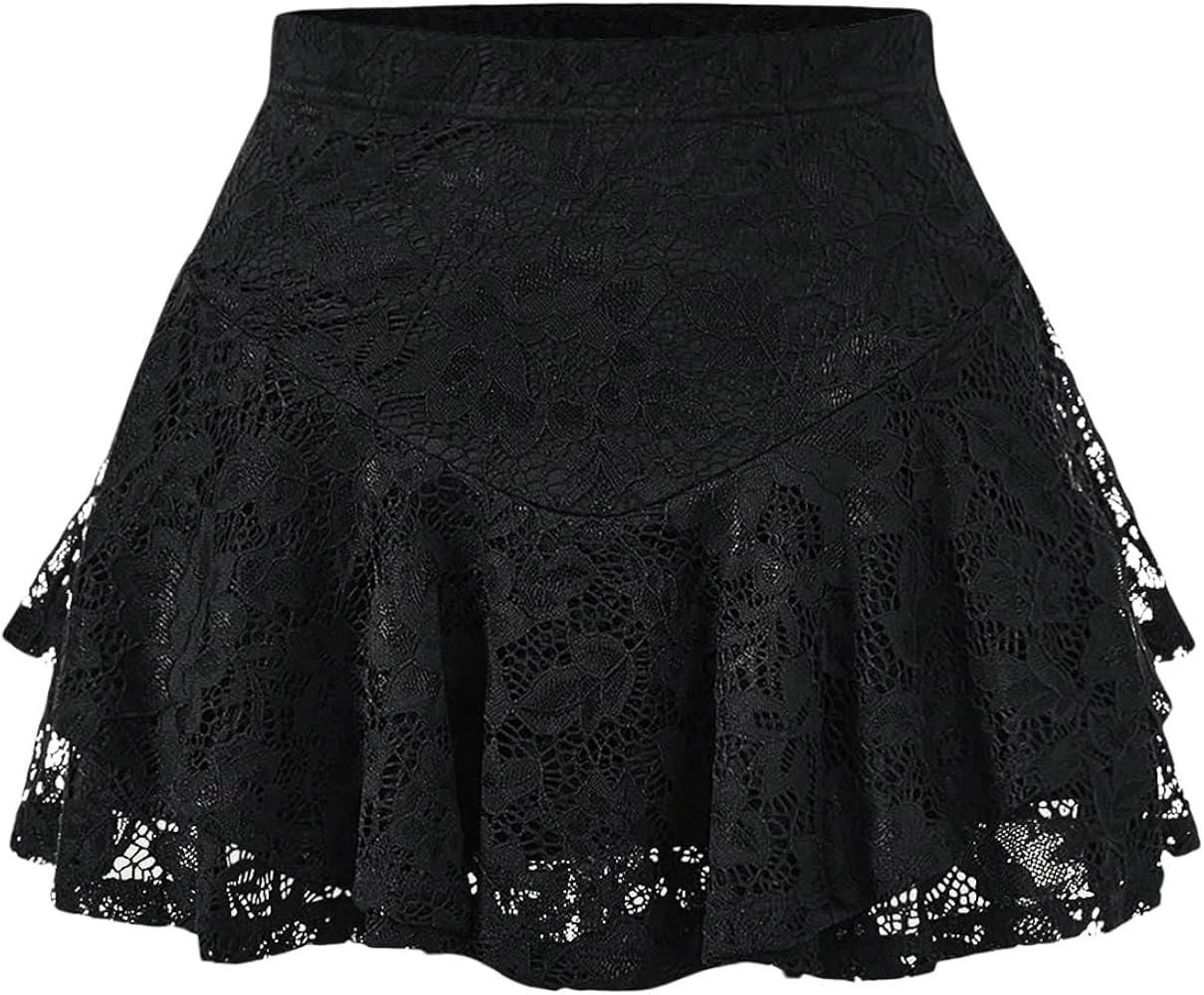 Milumia Women Y2k Lace Ruffle Mini Skirt Trendy Mid Waist Flared A Line Short Skirts