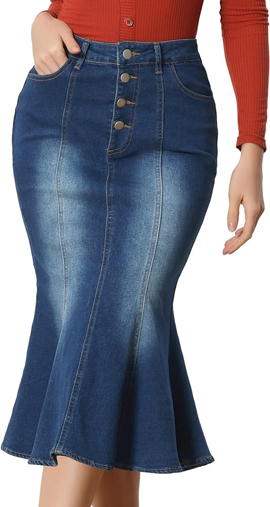 Allegra K Denim Skirt for Women's Washed Fishtail Midi Skirt