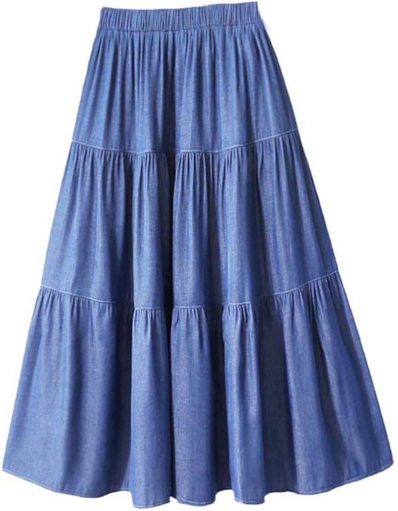 Summer Midi Long Denim Skirt, Women's Vintage High Waist Soft Retro A-Line Jean, Female Pleated Design