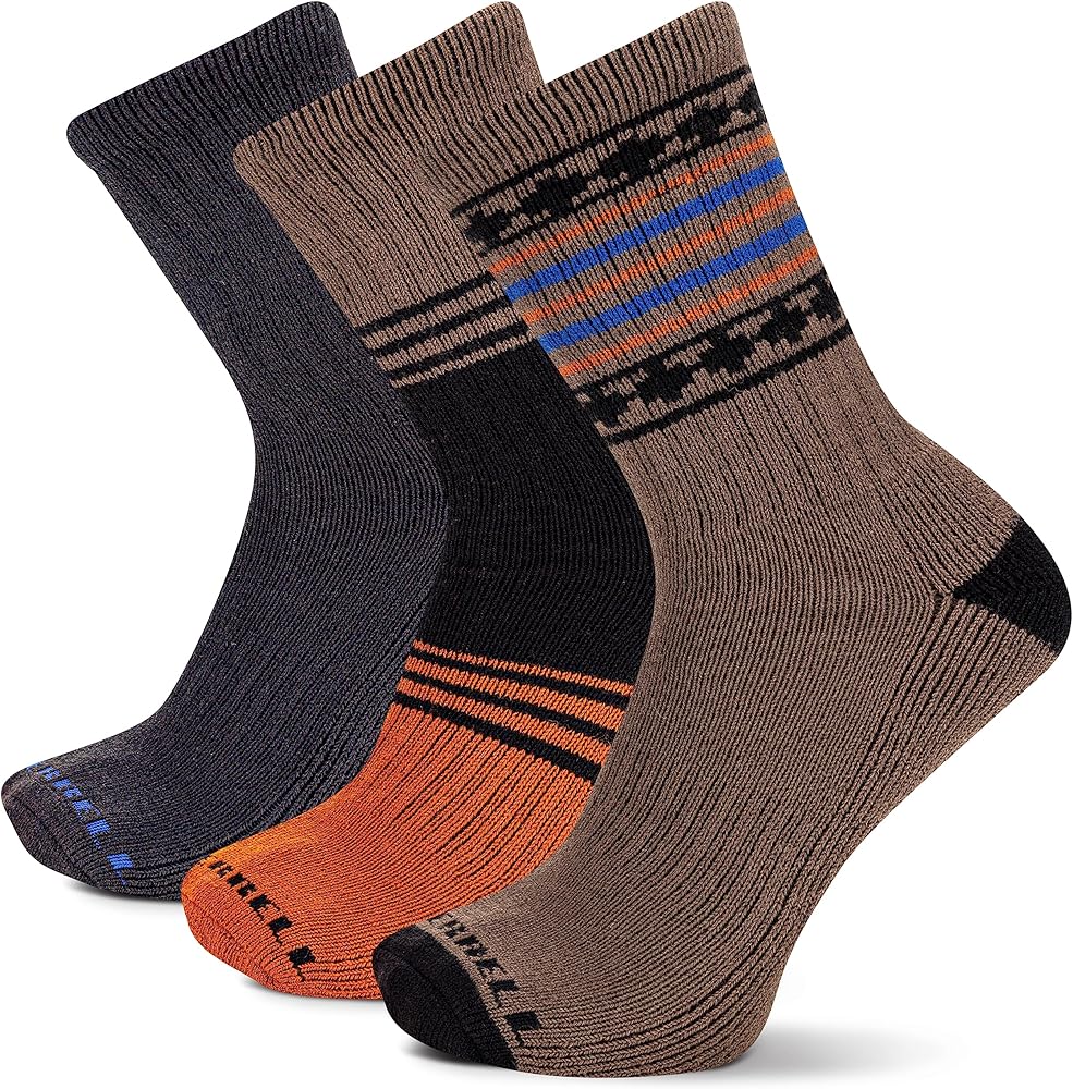 Merrell Adult's Wool Blend Thermal Crew Socks-3 Pair Pack-Unisex Warthm and Comfort with Arch Support, Brown Assorted, Medium-Large