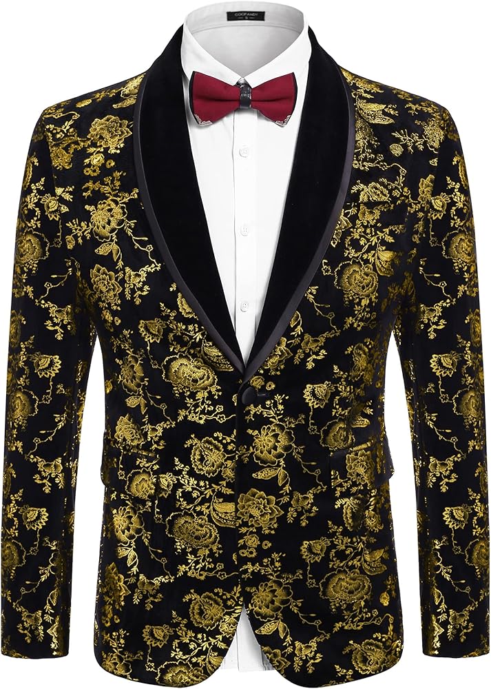 COOFANDY Men's Floral Tuxedo Jacket Shawl Lapel One Button Velvet Suit Jacket Dinner Prom Party Wedding Blazer