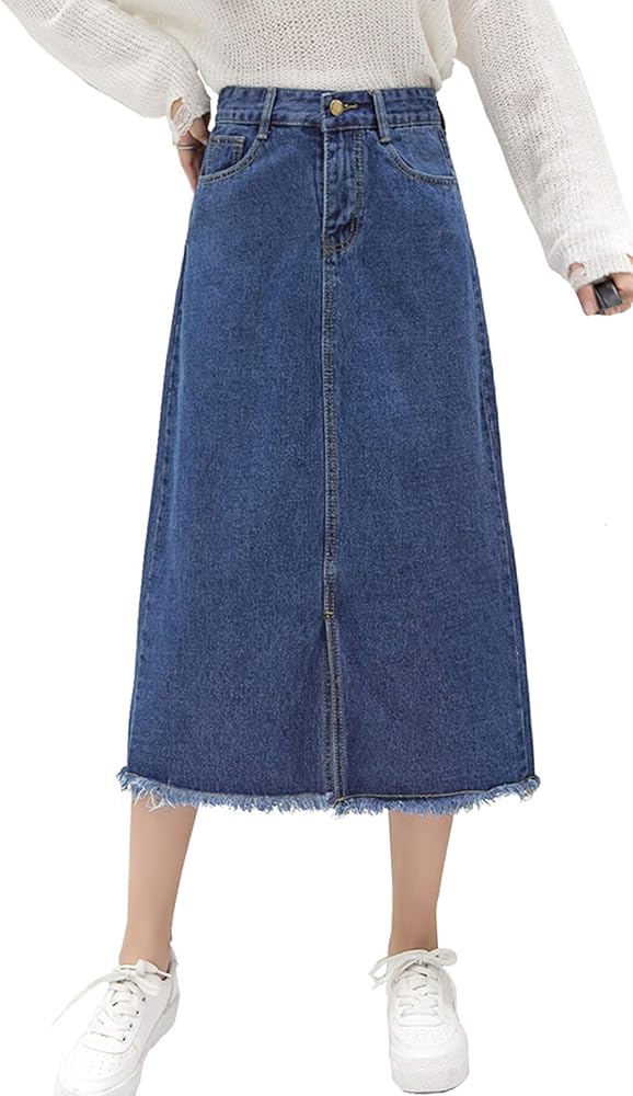 chouyatou Women's Mid-Calf Frayed Raw Hem Front Slit A-Line Midi Denim Jean Skirt