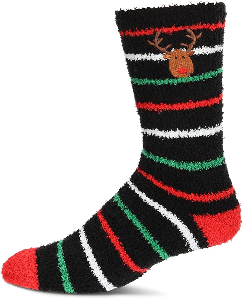 MeMoi Men's Striped Reindeer Embroidery Cozy Crew Socks
