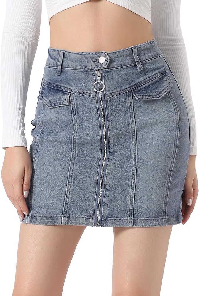 Allegra K Women's Bodycon Denim Skirts Stretch Washed Zip Front Jean Mini Skirt