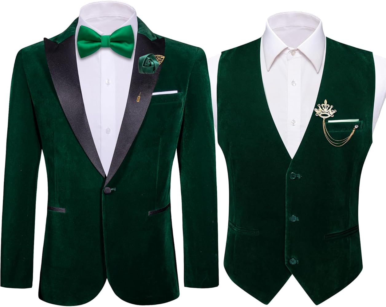 Barry.Wang Men's Velvet Suit Vest Blazer Green Sport Coat Brooch Waistcoat Tuxedo Set for Prom Wedding Party Dinner Gift Lightweight L