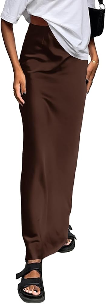 Vrtige Women's Elegant Satin Silky High Waist Zipper Flowy A Line Maxi Long Skirt