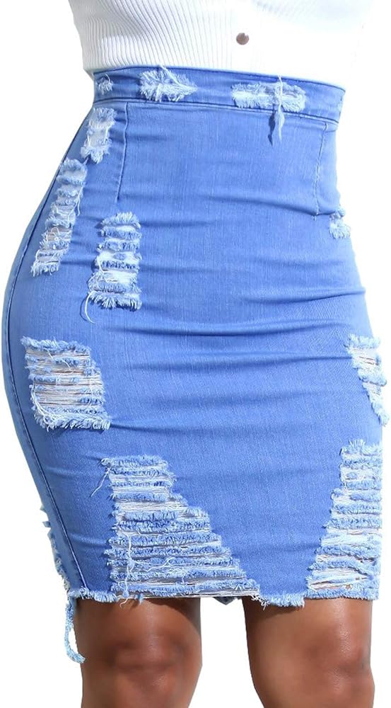 chouyatou Women's Stretchy High Waist Butt-Lifting Bodycon Ripped Denim Pencil Skirt