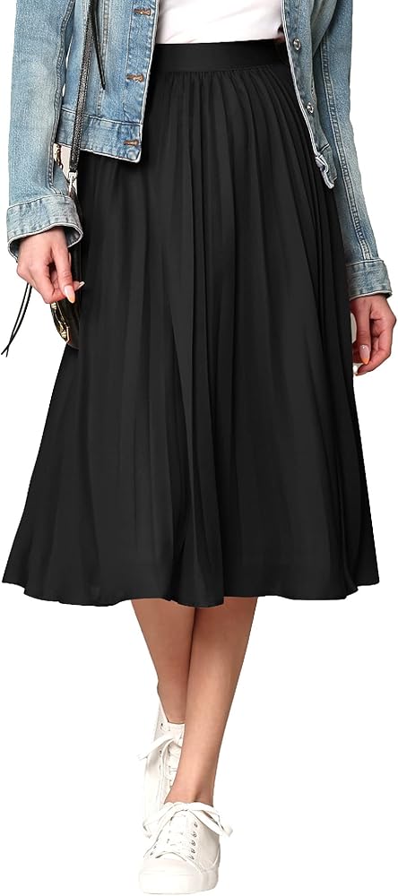 Made By Johnny Women's High Elastic Waist Pleated Mid A-Line Swing Skirt