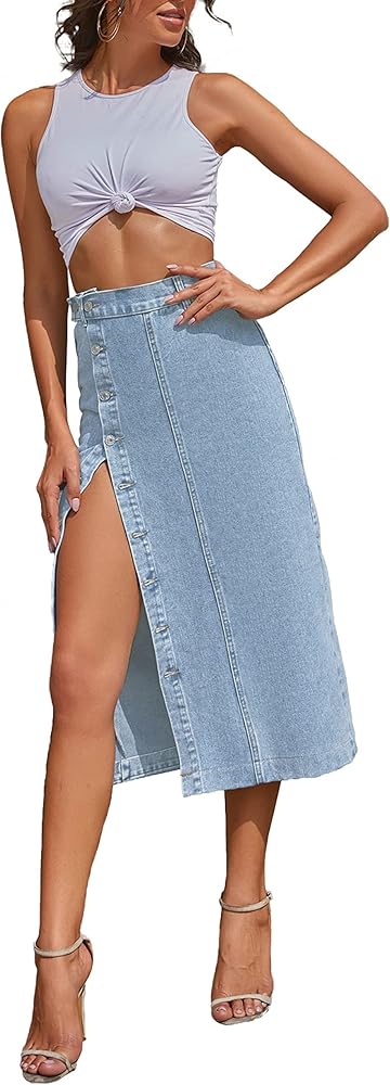 Women's Casual High Waisted Solid Button Up Denim Jean Skirt