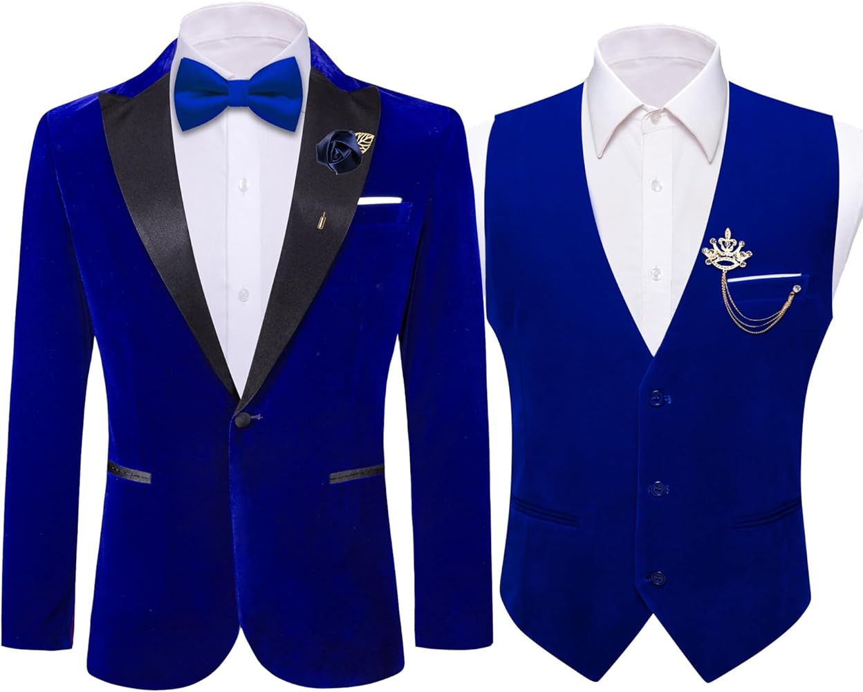 Barry.Wang Men's Velvet Suit Vest Blazer Blue Sport Coat Brooch Waistcoat Tuxedo Set for Prom Wedding Party Dinner Gift Lightweight XL