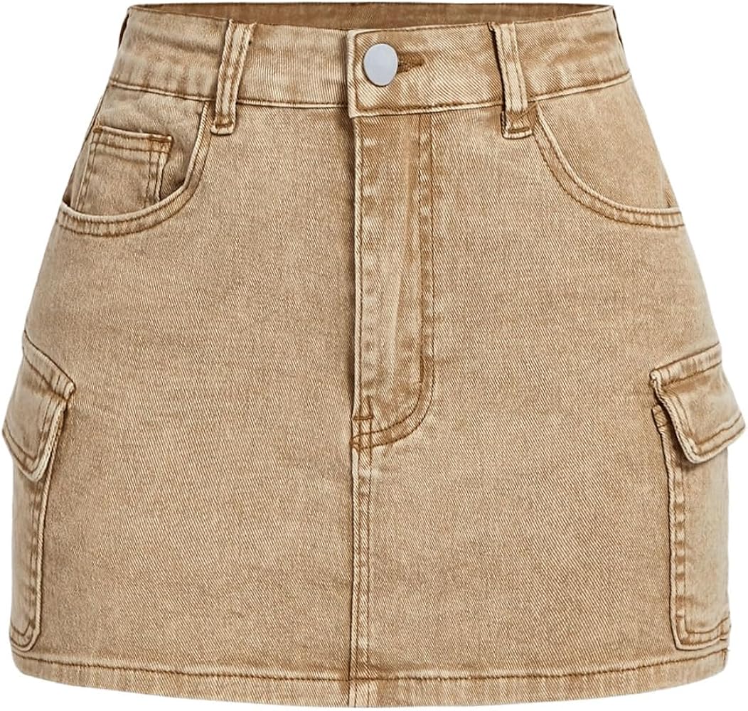 SHENHE Women's Denim Mini Skirt Low Waist Flat Pocket Straight Leg Vintage Cargo Jean Skirt