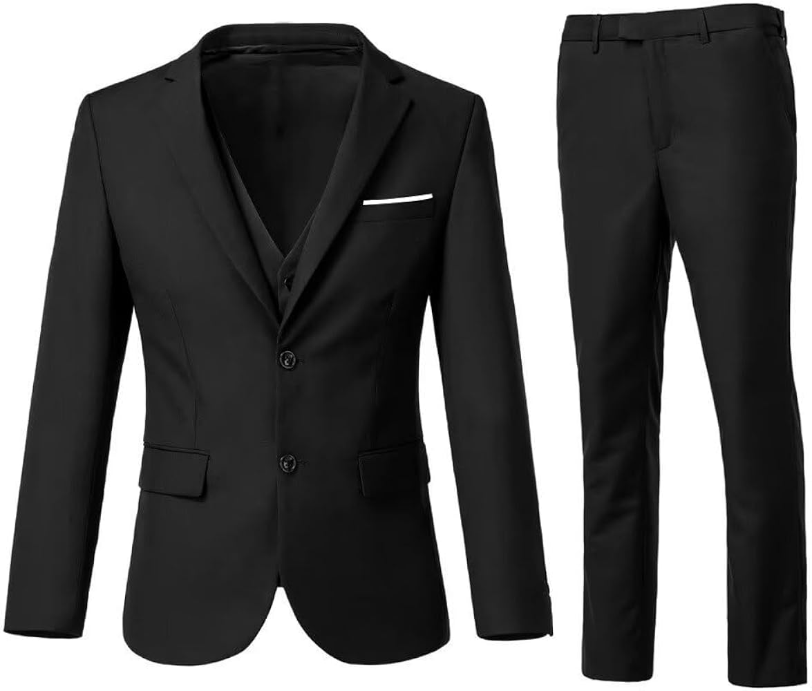 Men's 3 Piece Slim Fit Suit Set, Two Button Blazer Solid Jacket Vest Pants Wedding Business Suit
